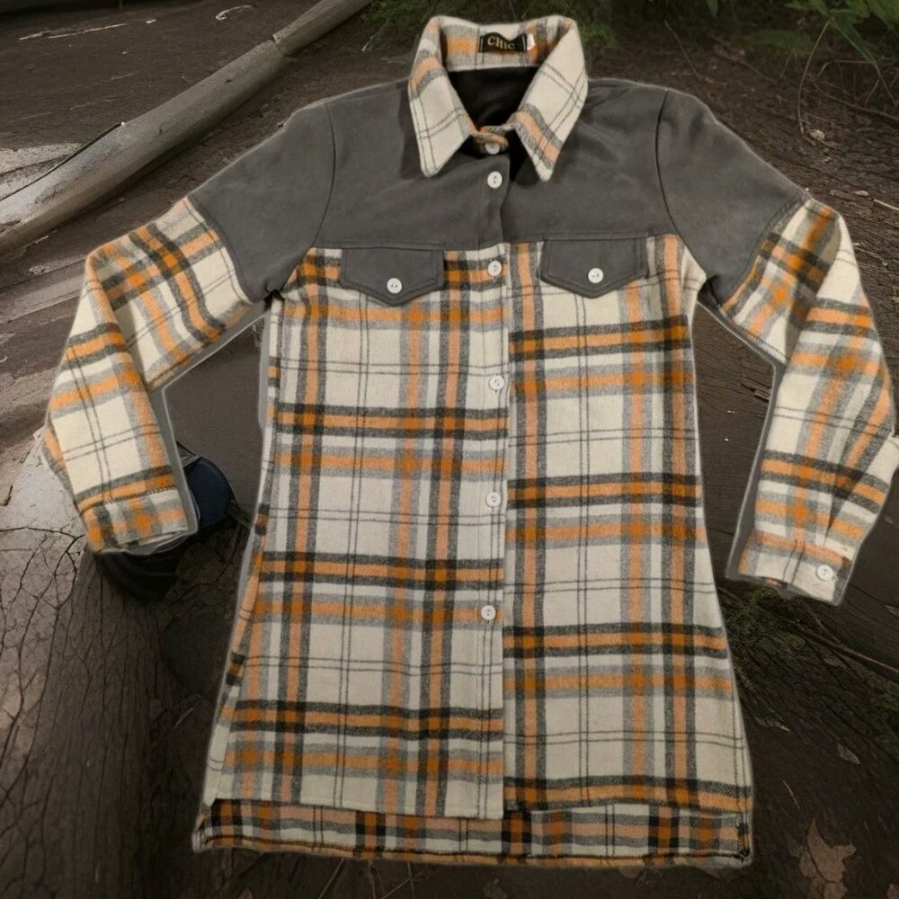Chic Brand Women's Plaid And Suede Long Shirt Size 38